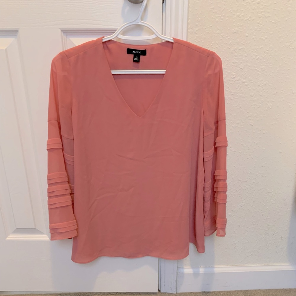 Shrimp colored Alfani polyester crepe lined top with sheer sleeves. PS